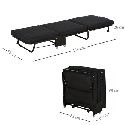 Folding Bed 184x65 cm with Mattress Foldable Bed with Adjustable Headboard in 5 Levels Universal Wheels and Metal Frame Max Load 120 kg Black