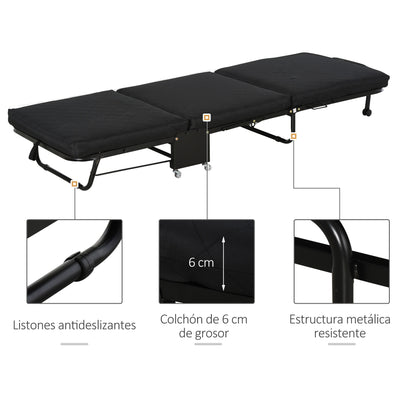 Folding Bed 184x65 cm with Mattress Foldable Bed with Adjustable Headboard in 5 Levels Universal Wheels and Metal Frame Max Load 120 kg Black