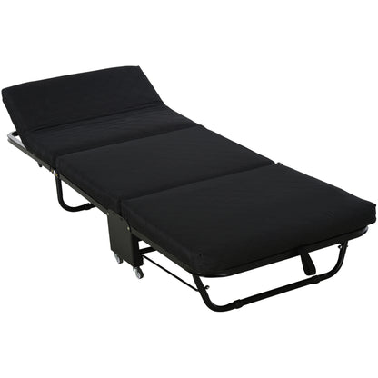 Folding Bed 184x65 cm with Mattress Foldable Bed with Adjustable Headboard in 5 Levels Universal Wheels and Metal Frame Max Load 120 kg Black