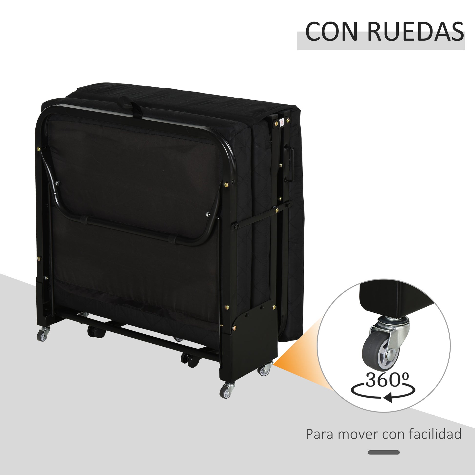 Folding Bed 184x65 cm with Mattress Foldable Bed with Adjustable Headboard in 5 Levels Universal Wheels and Metal Frame Max Load 120 kg Black