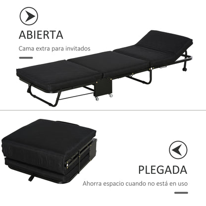 Folding Bed 184x65 cm with Mattress Foldable Bed with Adjustable Headboard in 5 Levels Universal Wheels and Metal Frame Max Load 120 kg Black