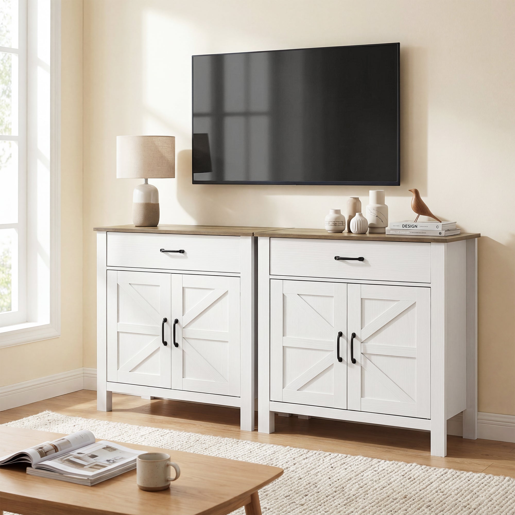 Sideboard, Storage Cabinet with 2 Barn Doors, Drawer & Adjustable Shelf, Rustic Style Buffet for Dining Room & Kitchen, 30.3 x 15.5 x 32.1 in, White and Brown