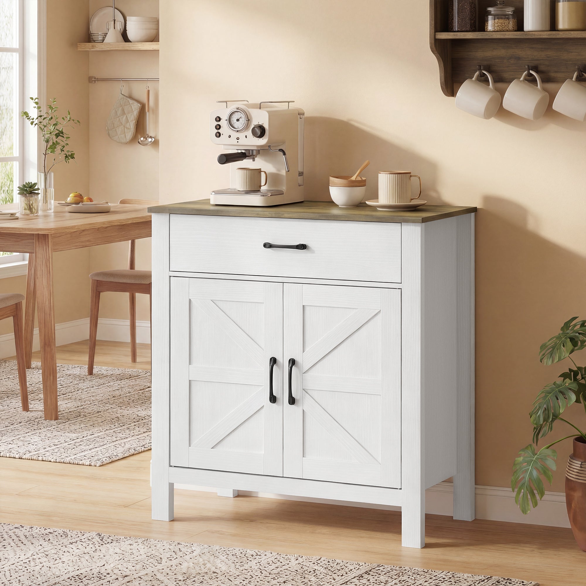 Sideboard, Storage Cabinet with 2 Barn Doors, Drawer & Adjustable Shelf, Rustic Style Buffet for Dining Room & Kitchen, 30.3 x 15.5 x 32.1 in, White and Brown