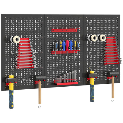 Wall Storage Pegboard System 23.6 x 15.7 in, 28-Piece Tool Rack with Hooks & Compartments, Black/Red
