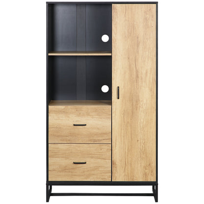 Kitchen Buffet Cabinet with Multi-Storage 2 Drawers, Cupboard, 2 Shelves, and Cable Management 88L x 35W x 160H cm - Black and Natural Wood Finish
