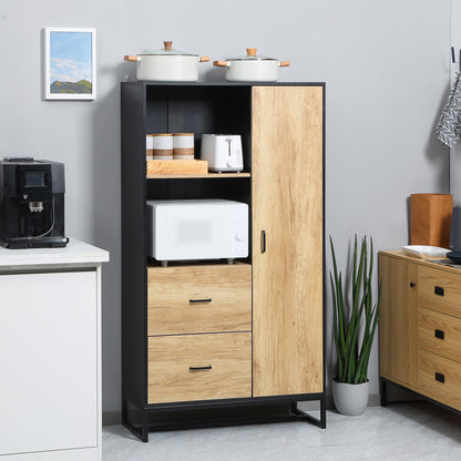 Kitchen Buffet Cabinet with Multi-Storage 2 Drawers, Cupboard, 2 Shelves, and Cable Management 88L x 35W x 160H cm - Black and Natural Wood Finish