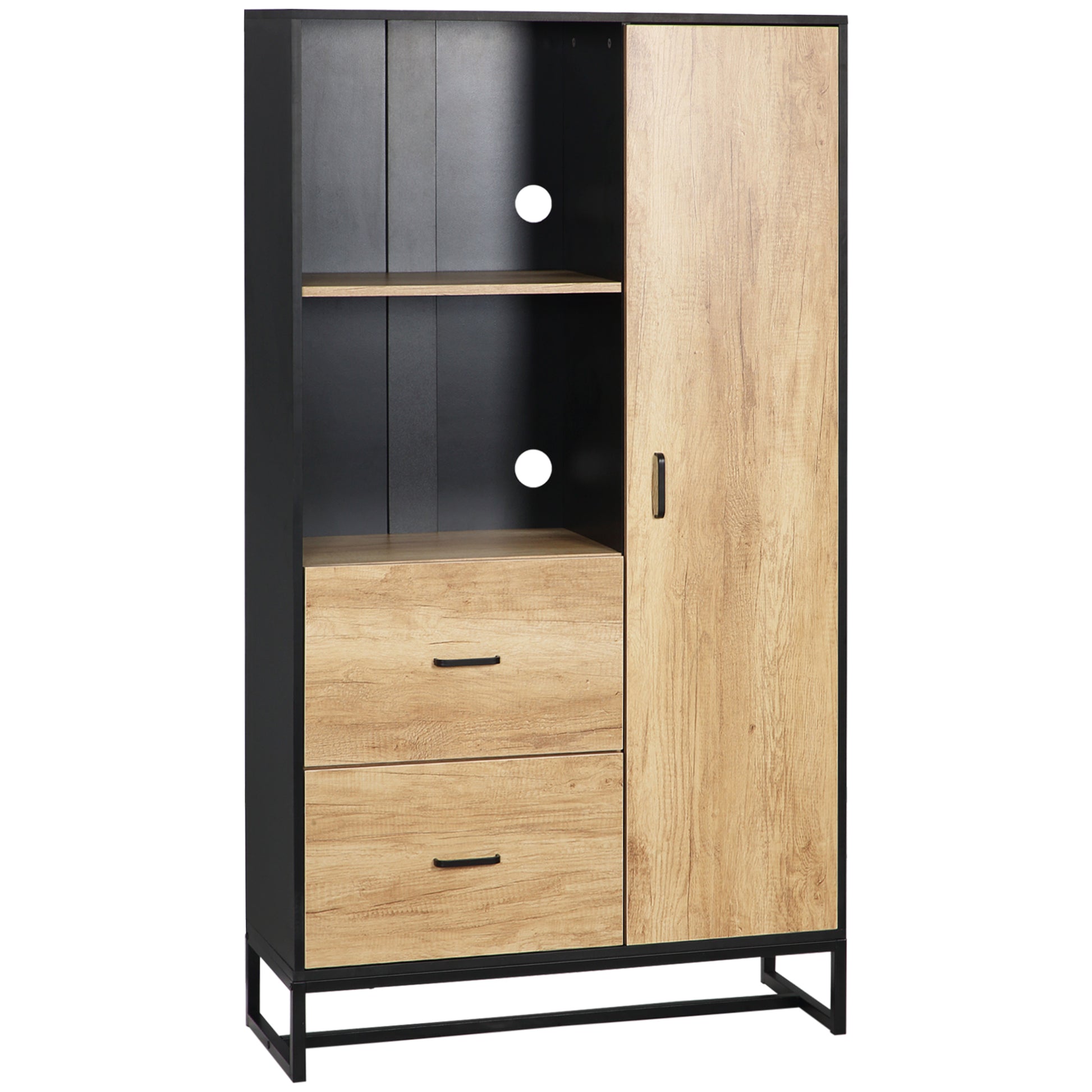 Kitchen Buffet Cabinet with Multi-Storage 2 Drawers, Cupboard, 2 Shelves, and Cable Management 88L x 35W x 160H cm - Black and Natural Wood Finish