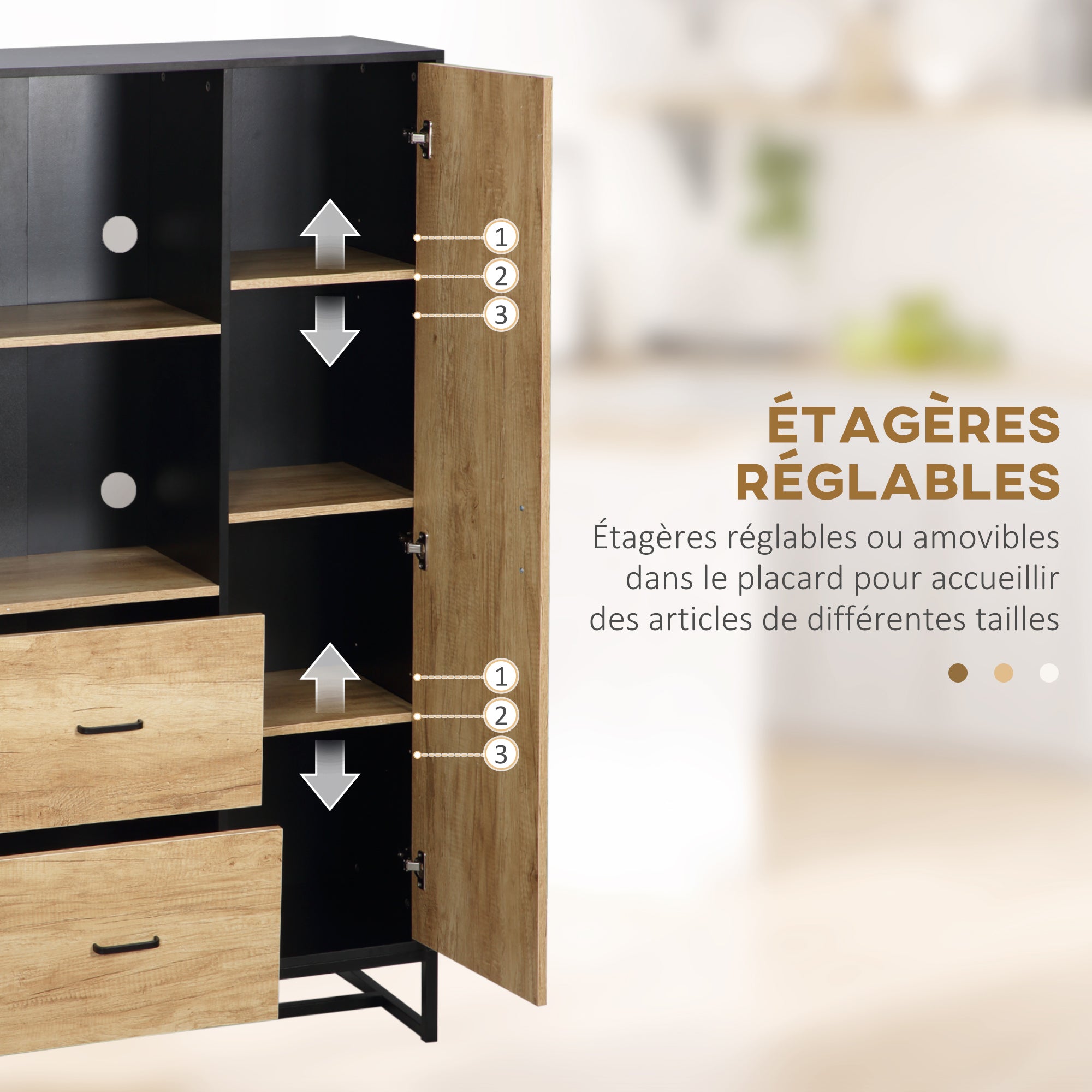 Kitchen Buffet Cabinet with Multi-Storage 2 Drawers, Cupboard, 2 Shelves, and Cable Management 88L x 35W x 160H cm - Black and Natural Wood Finish