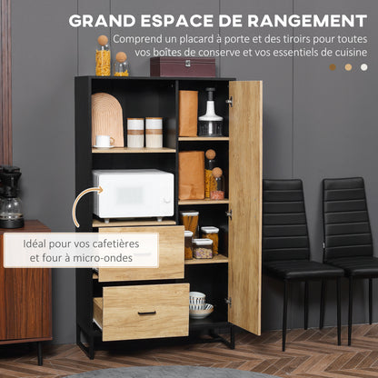Kitchen Buffet Cabinet with Multi-Storage 2 Drawers, Cupboard, 2 Shelves, and Cable Management 88L x 35W x 160H cm - Black and Natural Wood Finish