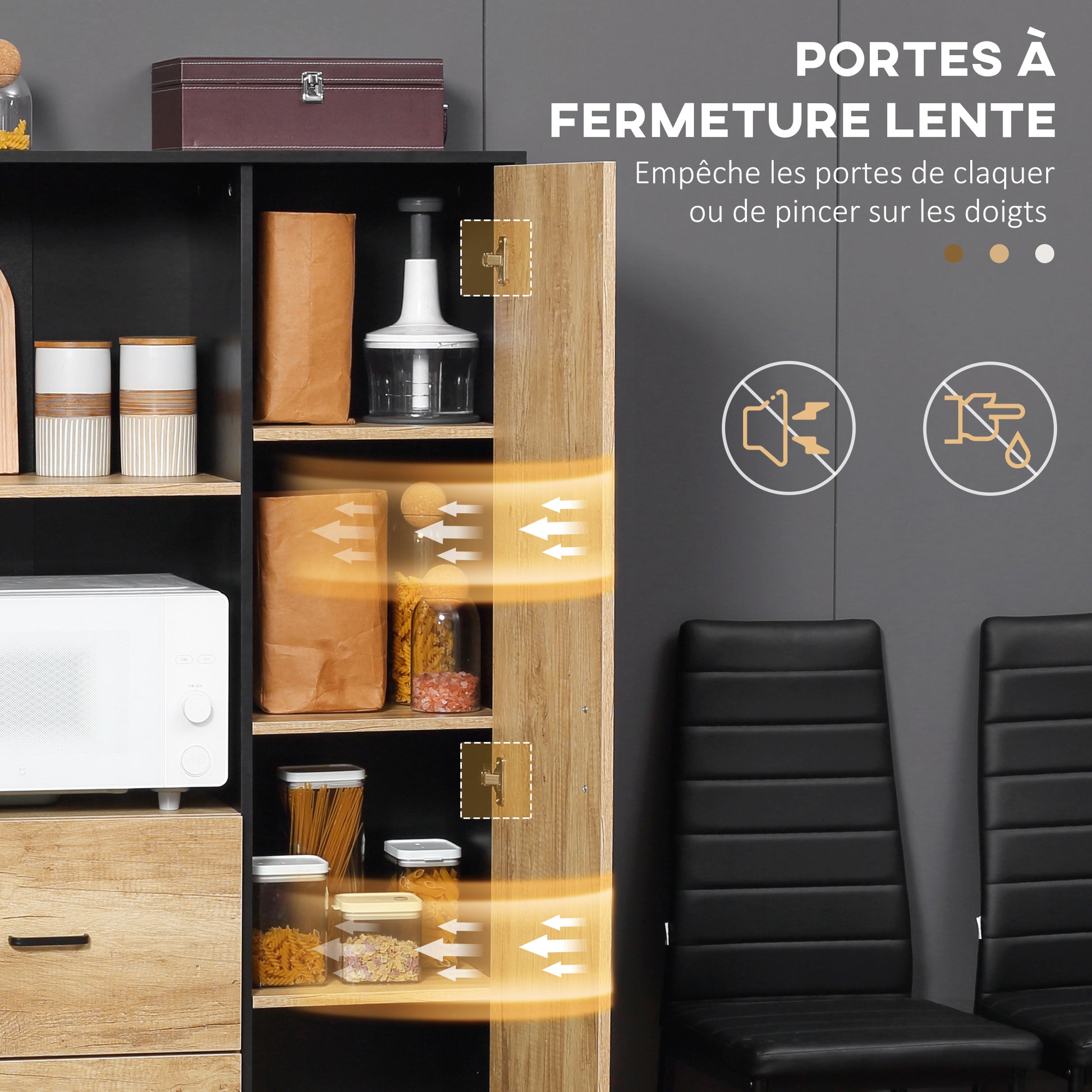 Kitchen Buffet Cabinet with Multi-Storage 2 Drawers, Cupboard, 2 Shelves, and Cable Management 88L x 35W x 160H cm - Black and Natural Wood Finish