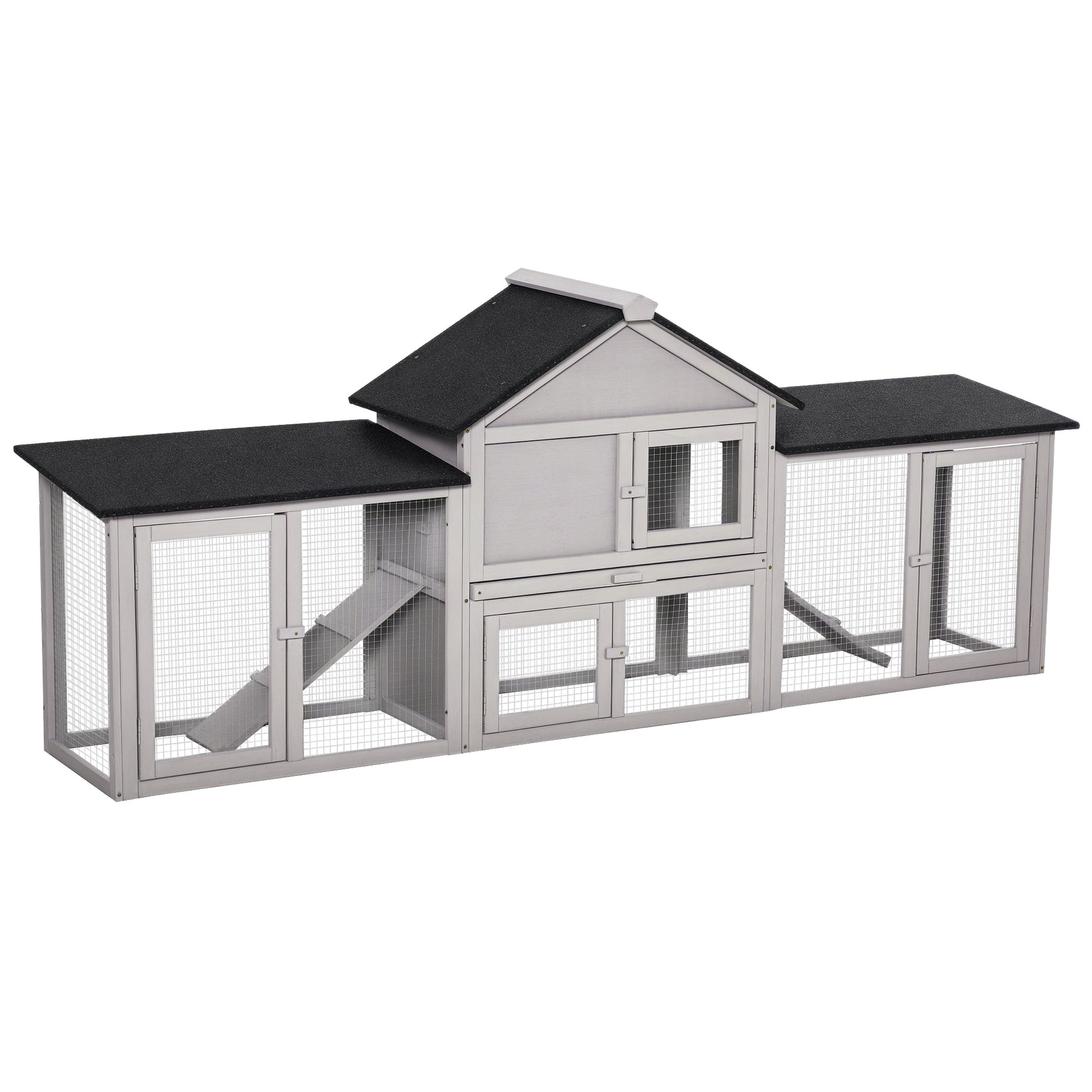 Large Outdoor Rabbit Hutch Wooden Cage for 2-4 Rabbits with Asphalt Roof Wire Enclosure Removable Tray and Ramps 82.7x17.9x33.3 inches Gray and Black