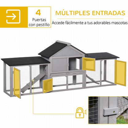 Large Outdoor Rabbit Hutch Wooden Cage for 2-4 Rabbits with Asphalt Roof Wire Enclosure Removable Tray and Ramps 82.7x17.9x33.3 inches Gray and Black