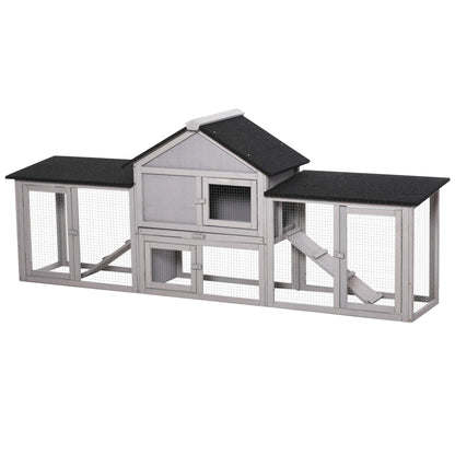 Large Outdoor Rabbit Hutch Wooden Cage for 2-4 Rabbits with Asphalt Roof Wire Enclosure Removable Tray and Ramps 82.7x17.9x33.3 inches Gray and Black