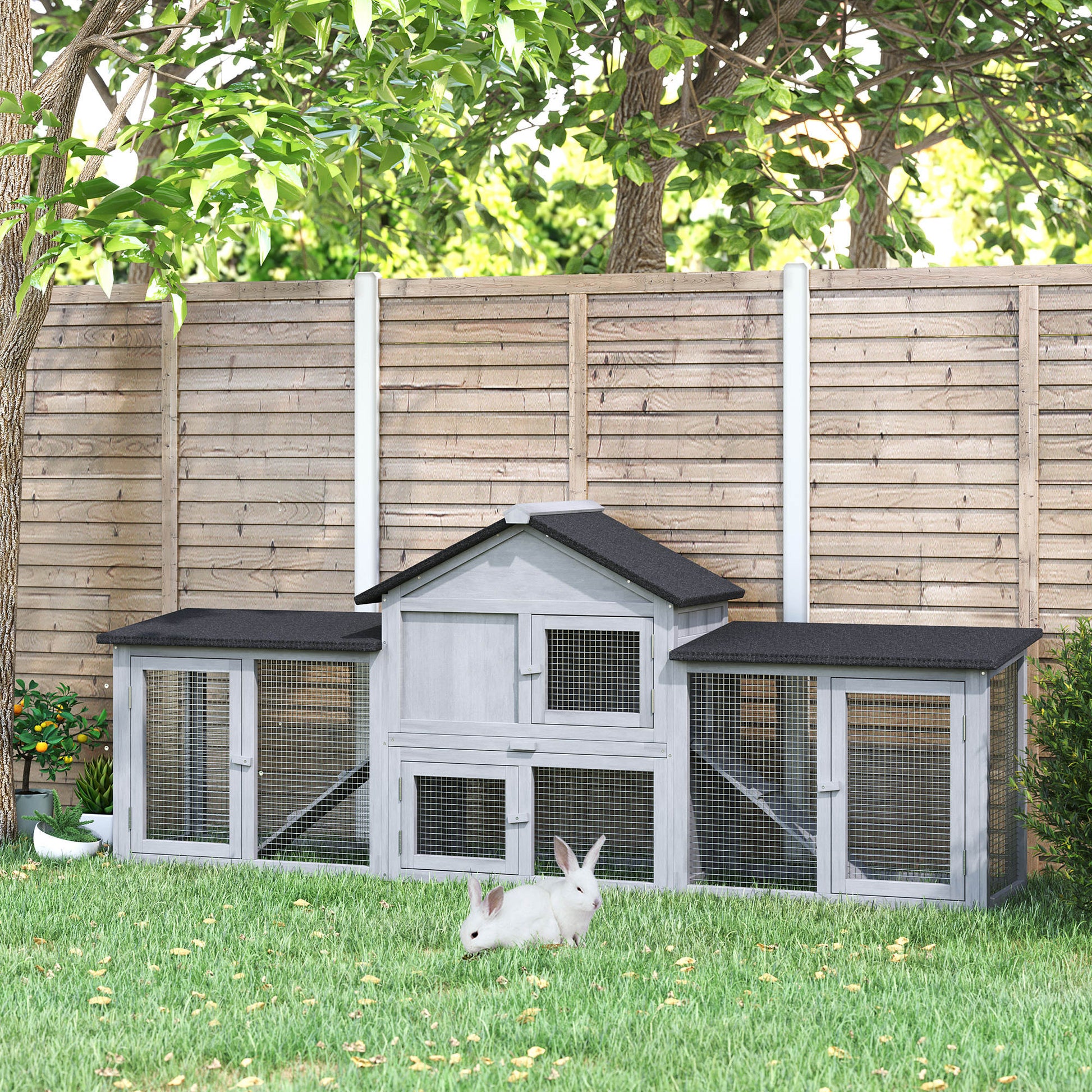Large Outdoor Rabbit Hutch Wooden Cage for 2-4 Rabbits with Asphalt Roof Wire Enclosure Removable Tray and Ramps 82.7x17.9x33.3 inches Gray and Black