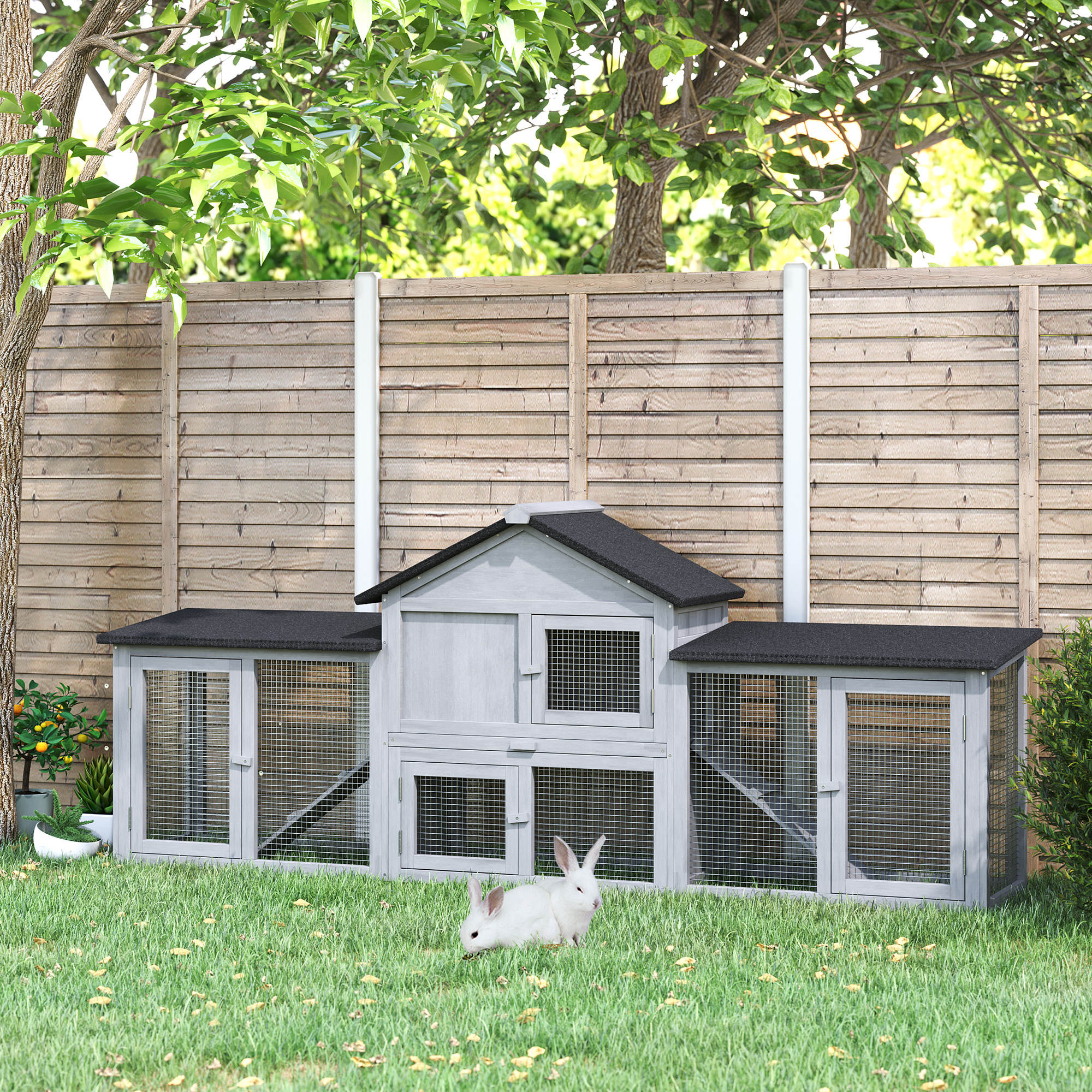 Large Outdoor Rabbit Hutch Wooden Cage for 2-4 Rabbits with Asphalt Roof Wire Enclosure Removable Tray and Ramps 82.7x17.9x33.3 inches Gray and Black