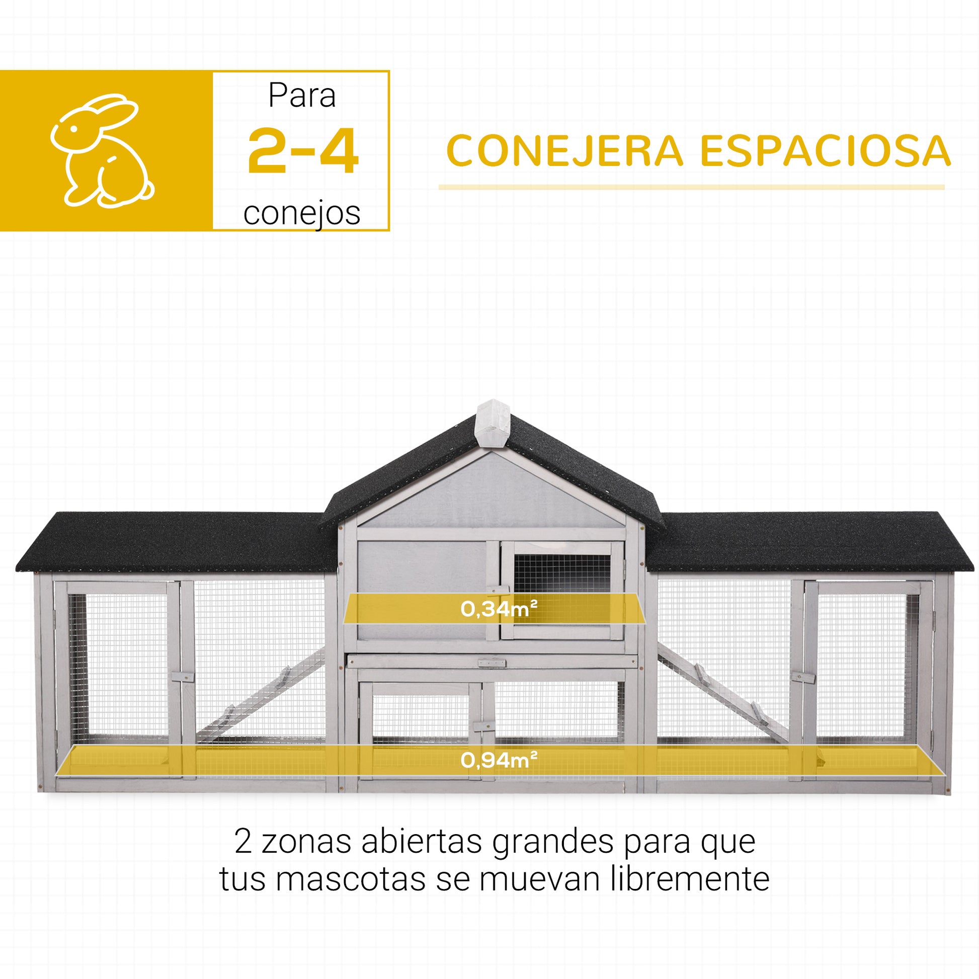 Large Outdoor Rabbit Hutch Wooden Cage for 2-4 Rabbits with Asphalt Roof Wire Enclosure Removable Tray and Ramps 82.7x17.9x33.3 inches Gray and Black