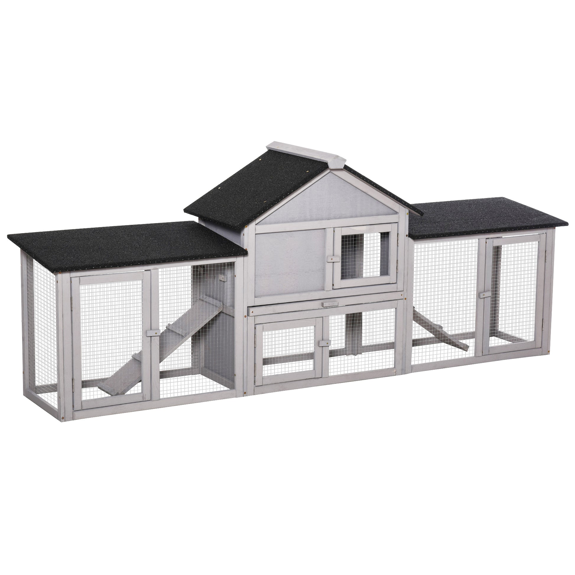 Large Outdoor Rabbit Hutch Wooden Cage for 2-4 Rabbits with Asphalt Roof Wire Enclosure Removable Tray and Ramps 82.7x17.9x33.3 inches Gray and Black
