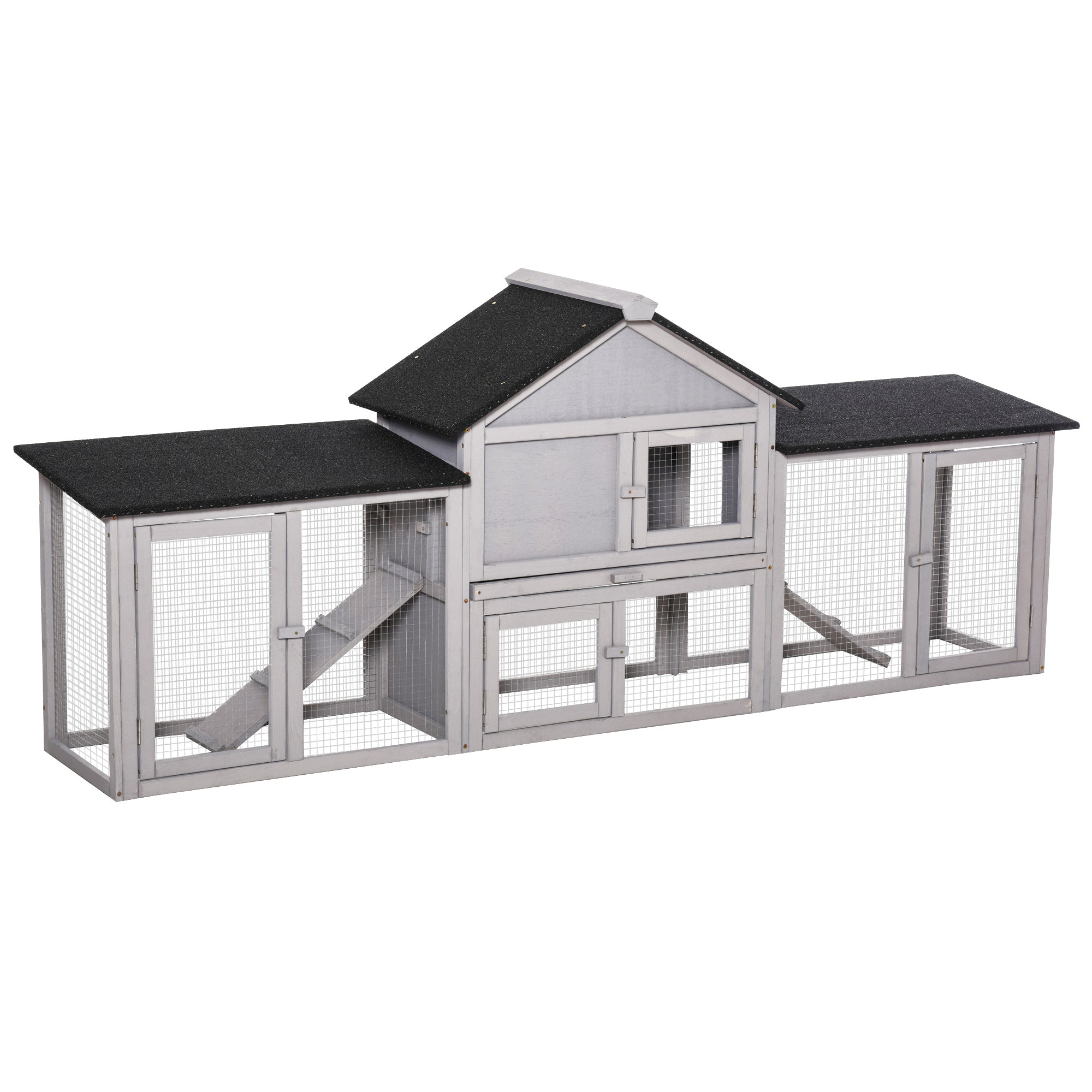 Large Outdoor Rabbit Hutch Wooden Cage for 2-4 Rabbits with Asphalt Roof Wire Enclosure Removable Tray and Ramps 82.7x17.9x33.3 inches Gray and Black