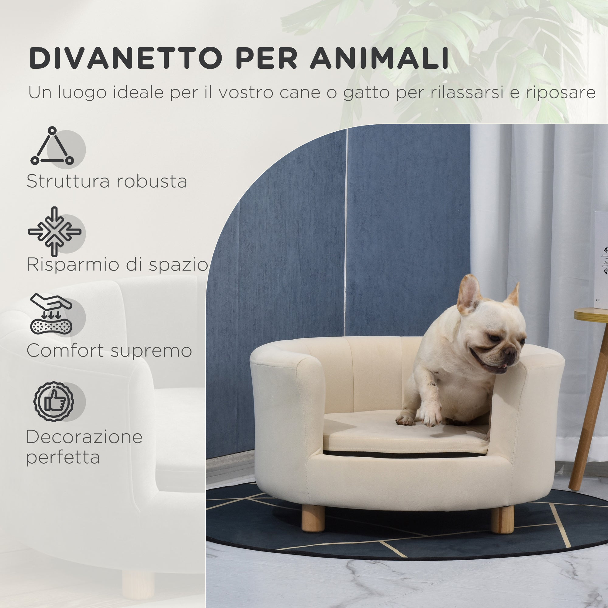 Padded Dog Sofa with Backrest and Removable Cushion, Indoor Cat Bed, 65x64x37 cm, Cream