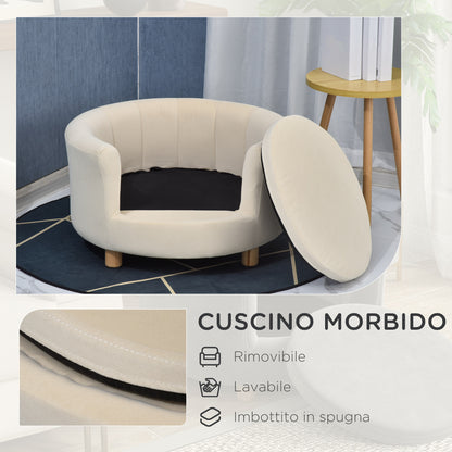 Padded Dog Sofa with Backrest and Removable Cushion, Indoor Cat Bed, 65x64x37 cm, Cream