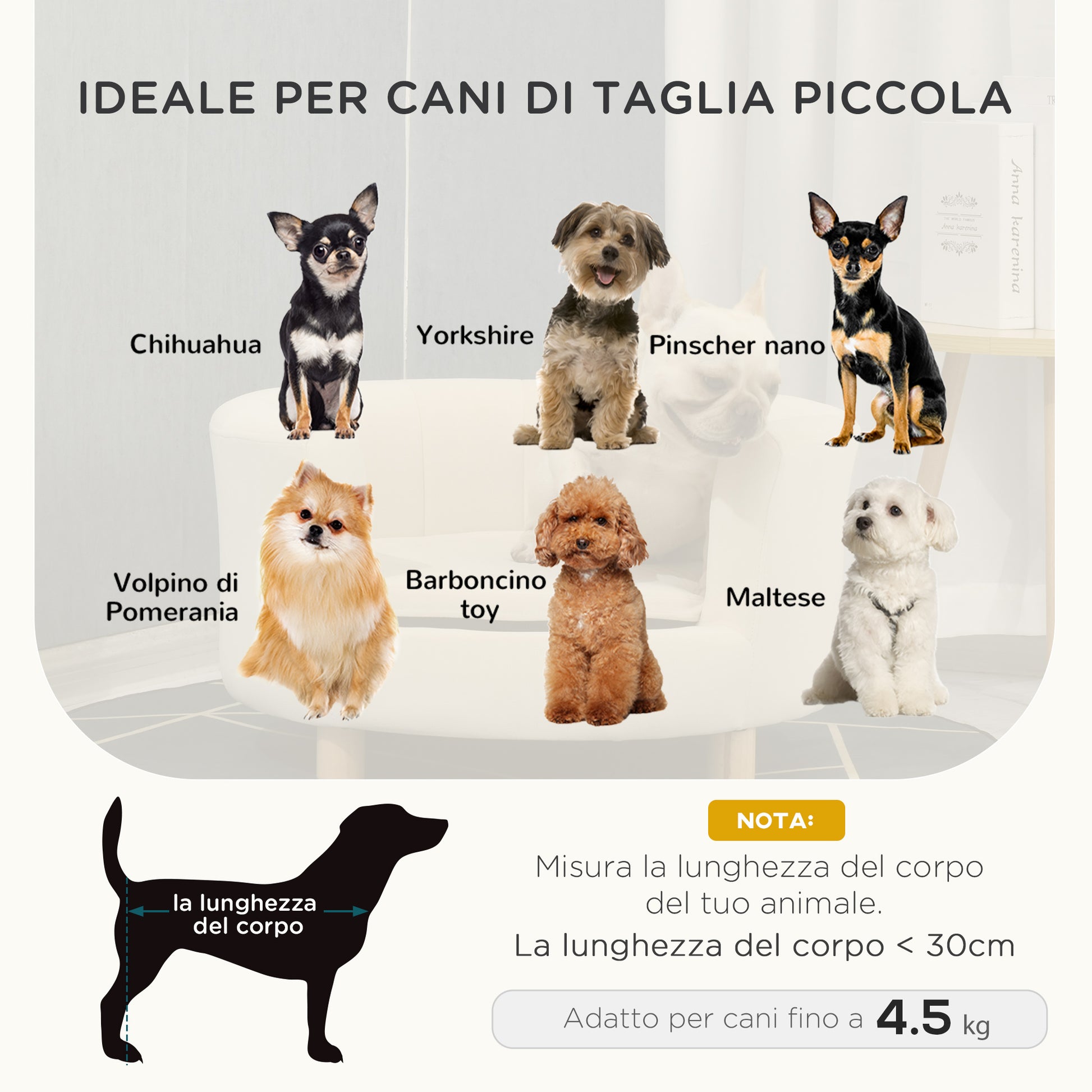 Padded Dog Sofa with Backrest and Removable Cushion, Indoor Cat Bed, 65x64x37 cm, Cream