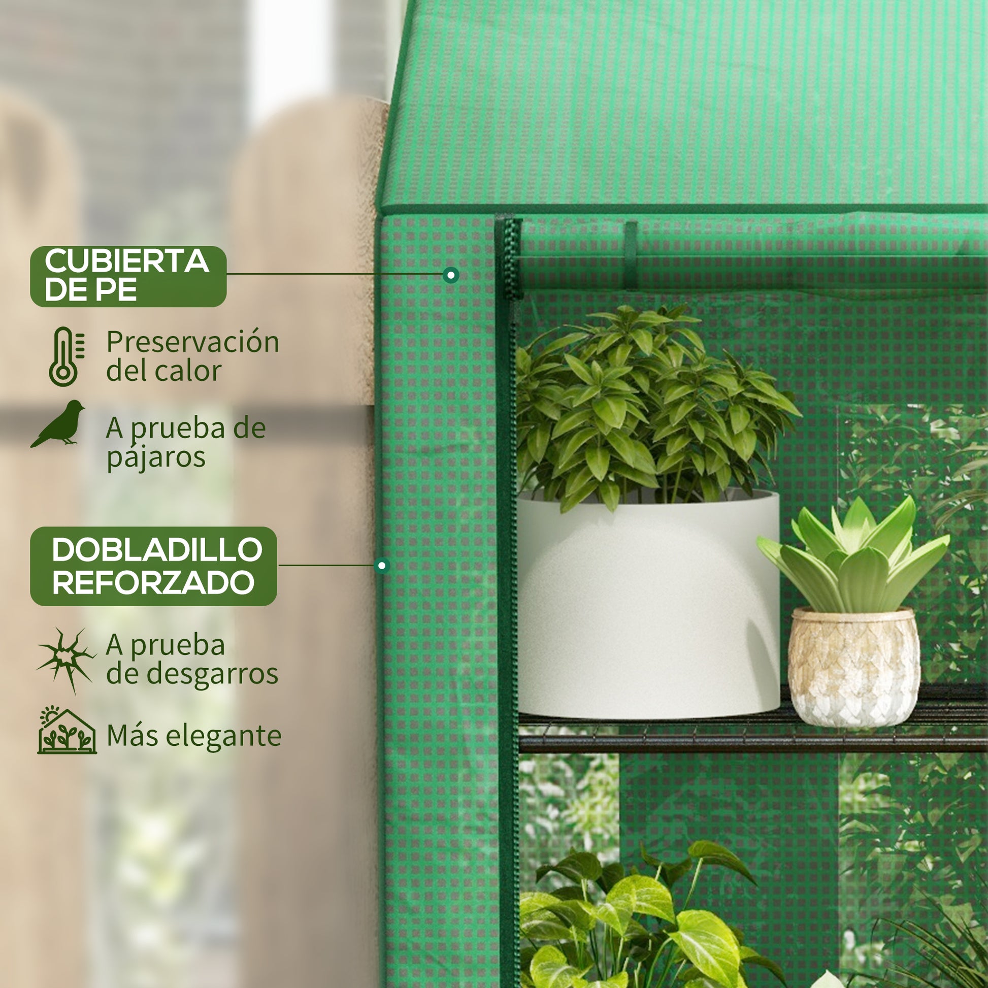 3-Tier Garden Greenhouse Terrace Greenhouse with Shelves Sloped Roof and 2 Zipper Doors for Plant Cultivation in Patio 143x46x141/151 cm Green