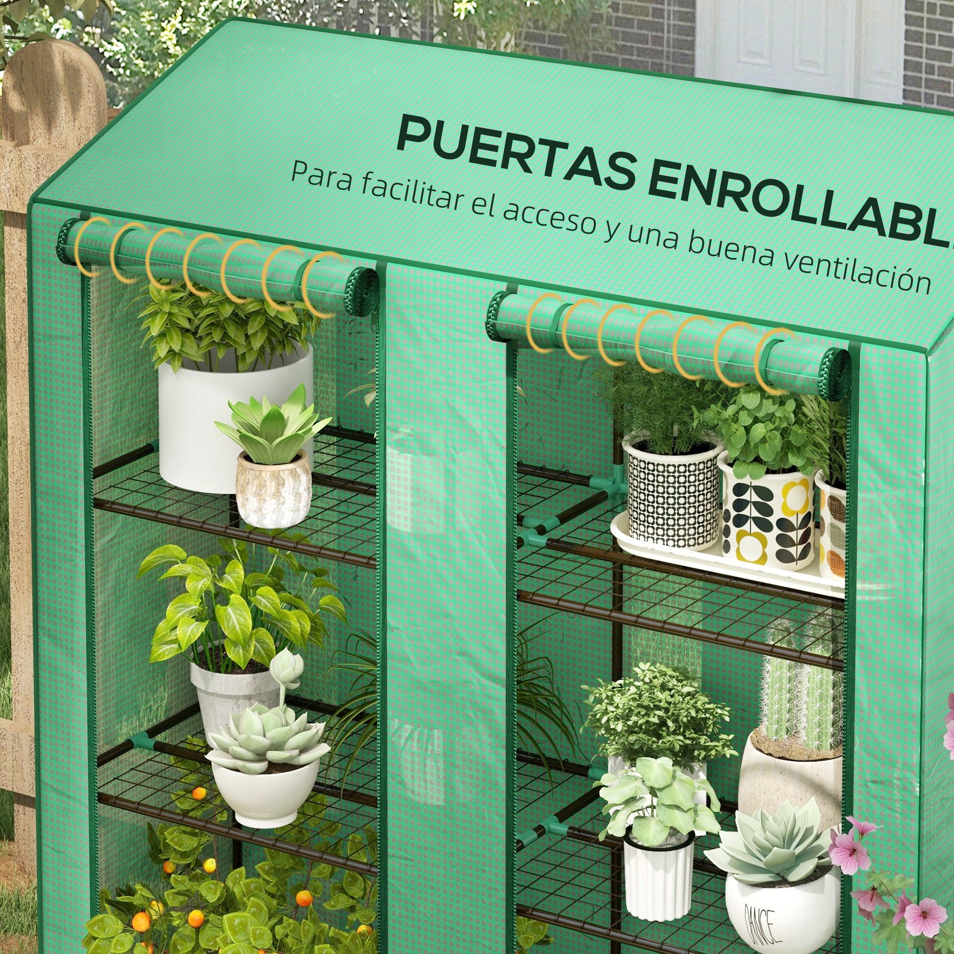 3-Tier Garden Greenhouse Terrace Greenhouse with Shelves Sloped Roof and 2 Zipper Doors for Plant Cultivation in Patio 143x46x141/151 cm Green