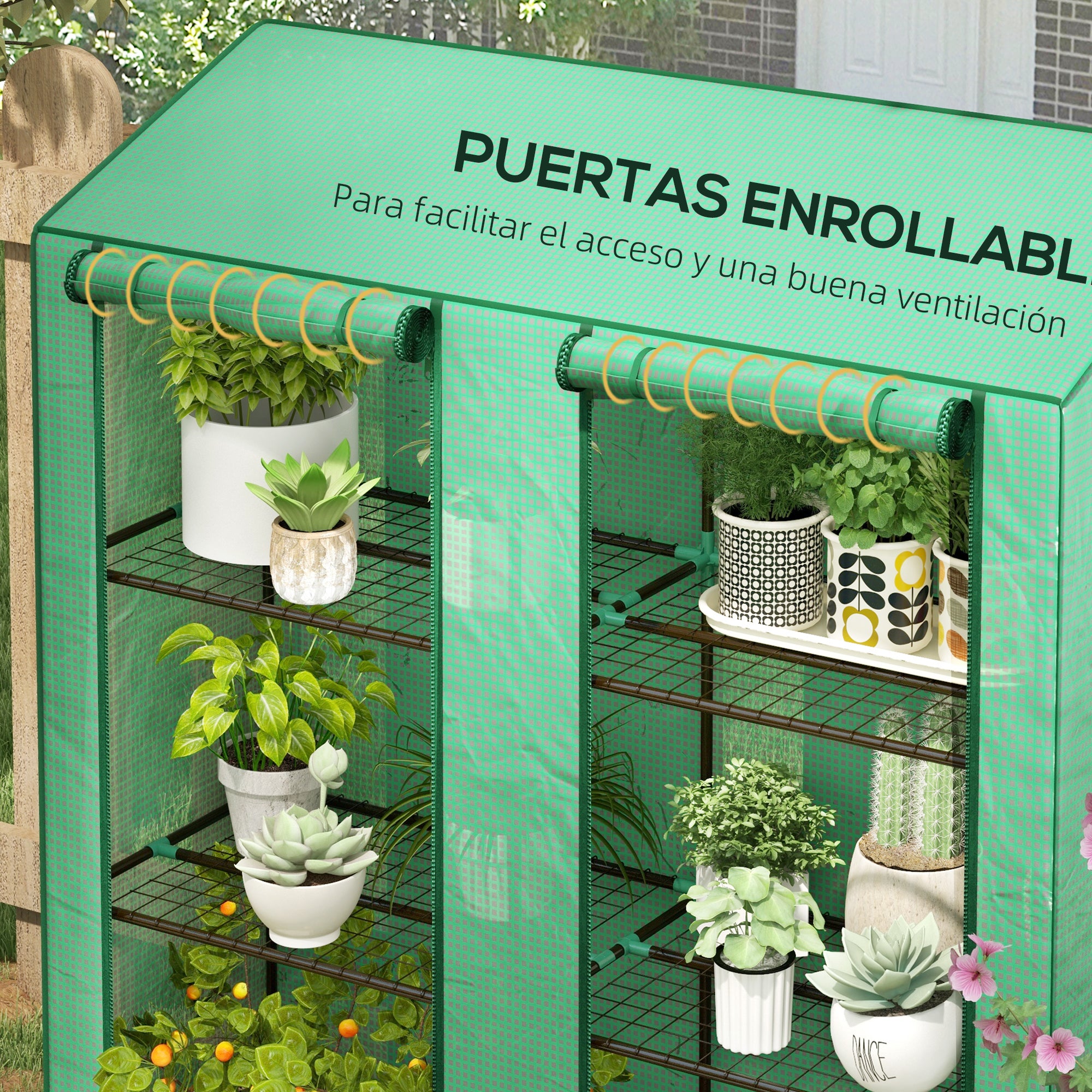 3-Tier Garden Greenhouse Terrace Greenhouse with Shelves Sloped Roof and 2 Zipper Doors for Plant Cultivation in Patio 143x46x141/151 cm Green