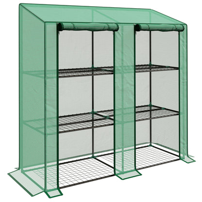 3-Tier Garden Greenhouse Terrace Greenhouse with Shelves Sloped Roof and 2 Zipper Doors for Plant Cultivation in Patio 143x46x141/151 cm Green