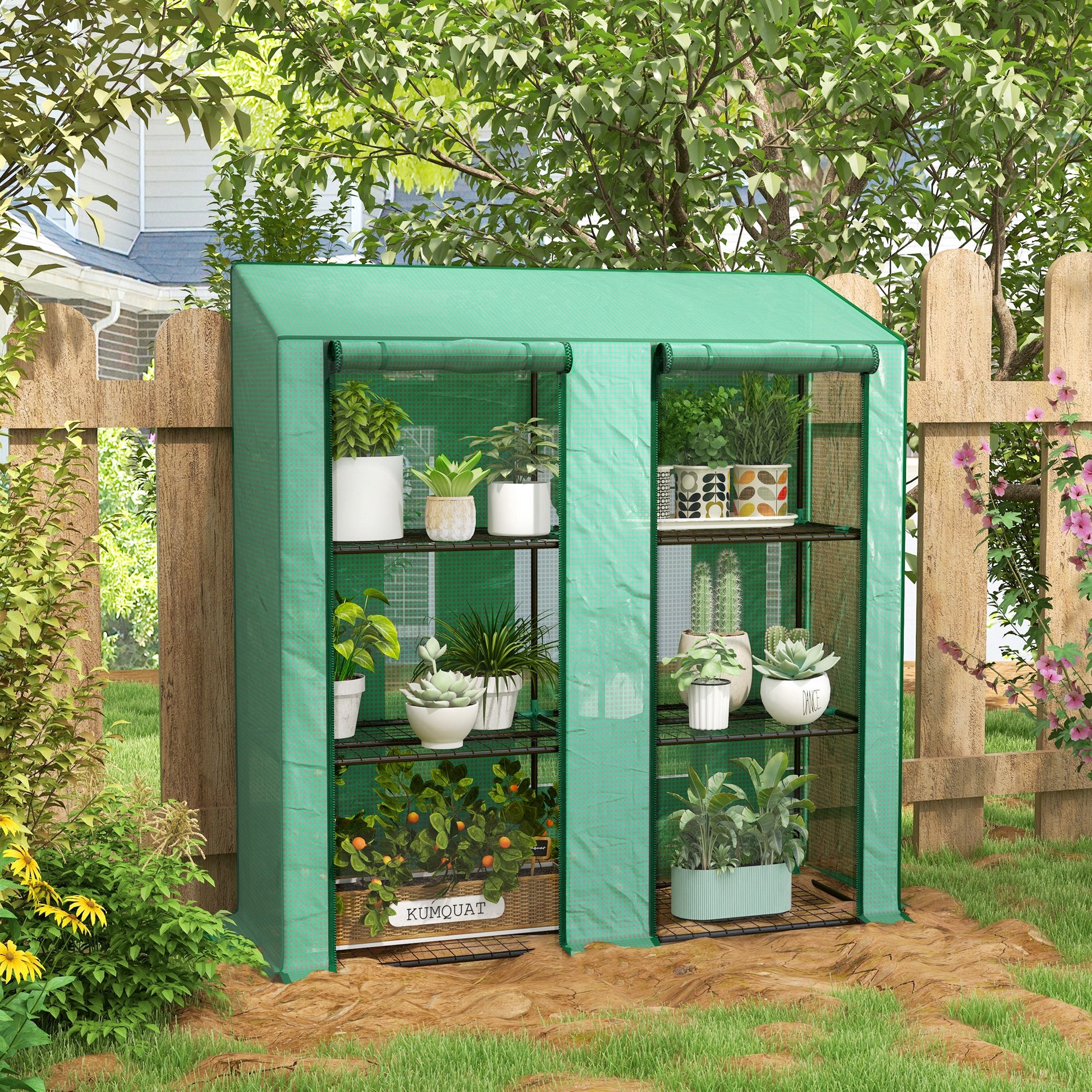3-Tier Garden Greenhouse Terrace Greenhouse with Shelves Sloped Roof and 2 Zipper Doors for Plant Cultivation in Patio 143x46x141/151 cm Green