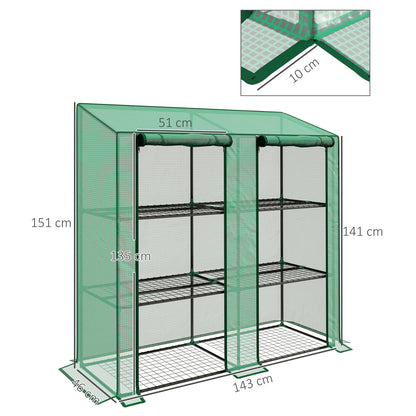 3-Tier Garden Greenhouse Terrace Greenhouse with Shelves Sloped Roof and 2 Zipper Doors for Plant Cultivation in Patio 143x46x141/151 cm Green