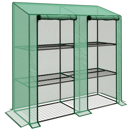 3-Tier Garden Greenhouse Terrace Greenhouse with Shelves Sloped Roof and 2 Zipper Doors for Plant Cultivation in Patio 143x46x141/151 cm Green