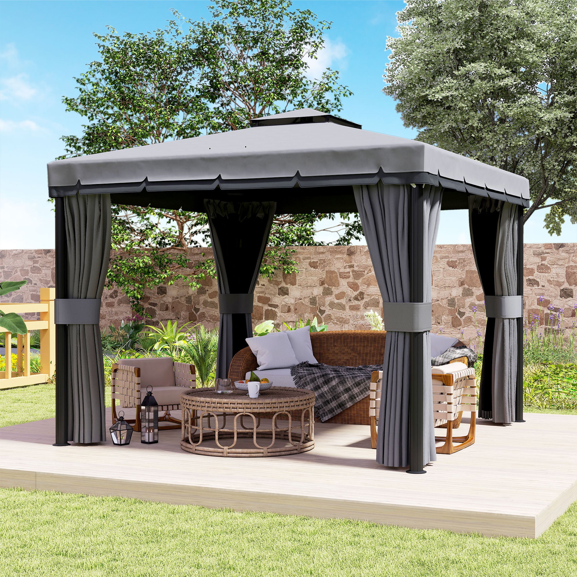 10'x10' Waterproof Garden Gazebo with Double Roof, Zippered Mosquito Nets, Aluminum Frame – Dark Gray