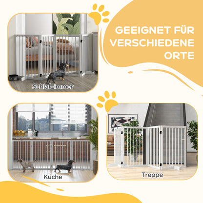 Dog Safety Gate 4-part 206 x 76 cm Foldable Door Safety Gate with 2 Support Feet Freestanding Dog Gate made of Wood Stair Gate for Hallway White