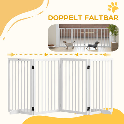Dog Safety Gate 4-part 206 x 76 cm Foldable Door Safety Gate with 2 Support Feet Freestanding Dog Gate made of Wood Stair Gate for Hallway White