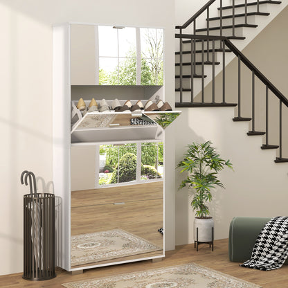 2-in-1 Shoe Cabinet with Mirror Fronts, 4 Flip-Down Doors, Adjustable Shelves, Space-Saving, 76L x 26W x 168H cm White