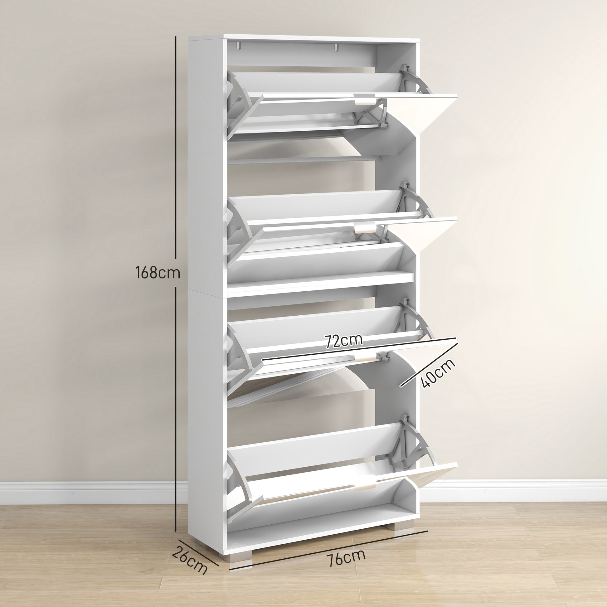2-in-1 Shoe Cabinet with Mirror Fronts, 4 Flip-Down Doors, Adjustable Shelves, Space-Saving, 76L x 26W x 168H cm White