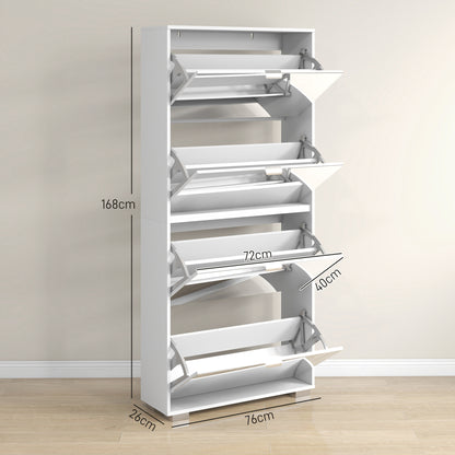 2-in-1 Shoe Cabinet with Mirror Fronts, 4 Flip-Down Doors, Adjustable Shelves, Space-Saving, 76L x 26W x 168H cm White