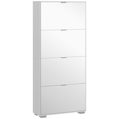 2-in-1 Shoe Cabinet with Mirror Fronts, 4 Flip-Down Doors, Adjustable Shelves, Space-Saving, 76L x 26W x 168H cm White