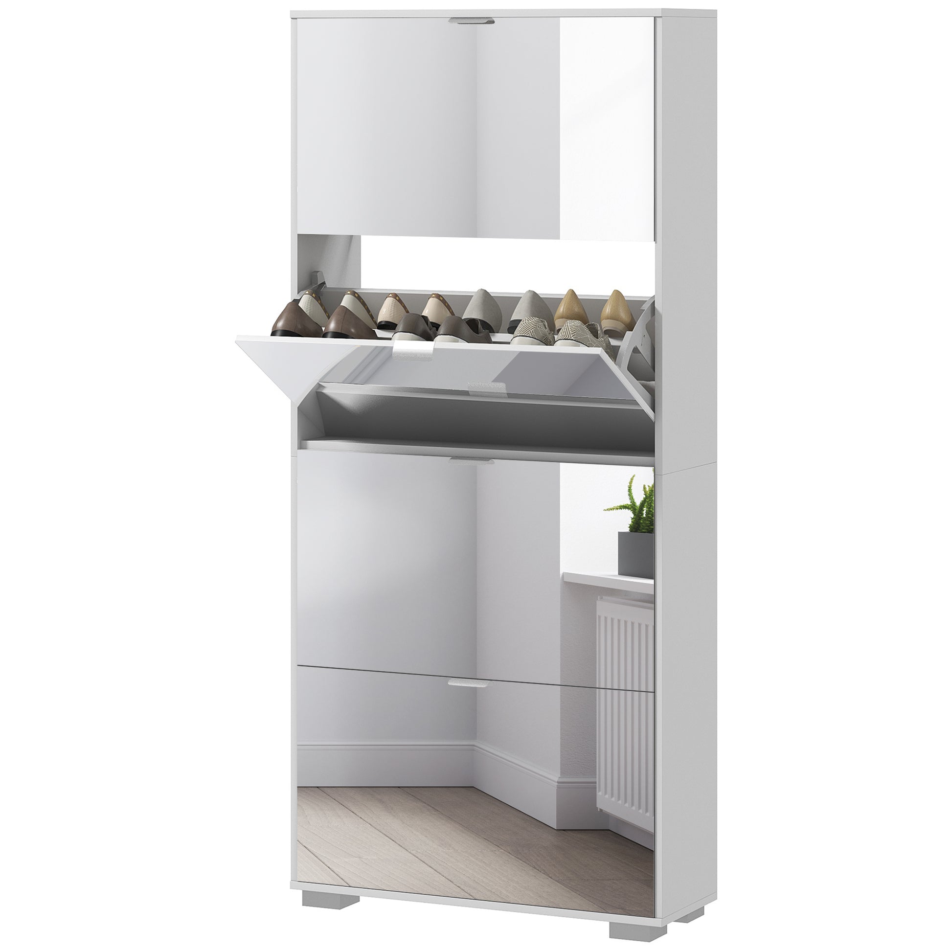 2-in-1 Shoe Cabinet with Mirror Fronts, 4 Flip-Down Doors, Adjustable Shelves, Space-Saving, 76L x 26W x 168H cm White