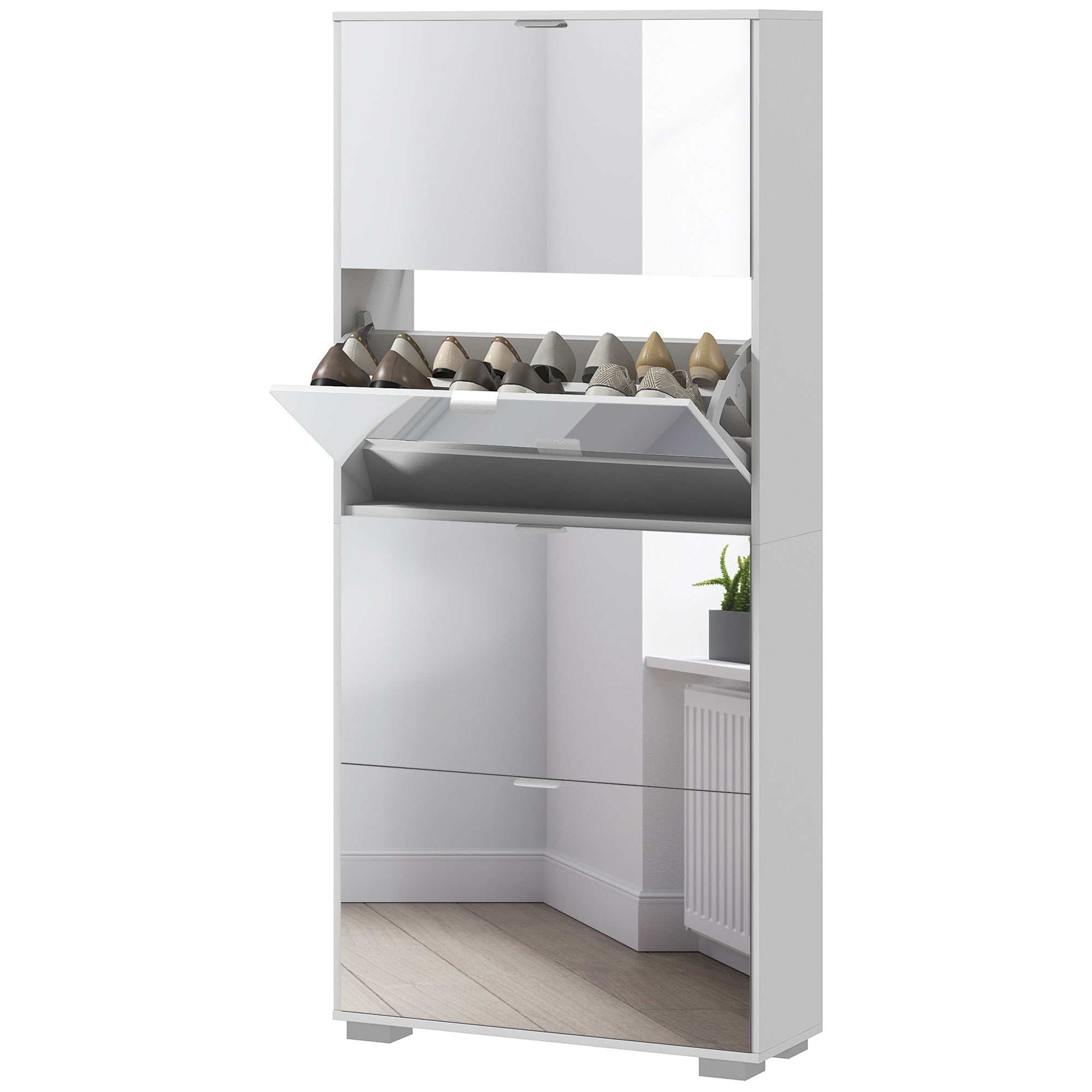 2-in-1 Shoe Cabinet with Mirror Fronts, 4 Flip-Down Doors, Adjustable Shelves, Space-Saving, 76L x 26W x 168H cm White