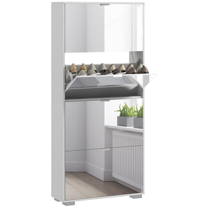 2-in-1 Shoe Cabinet with Mirror Fronts, 4 Flip-Down Doors, Adjustable Shelves, Space-Saving, 76L x 26W x 168H cm White
