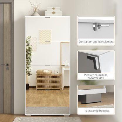2-in-1 Shoe Cabinet with Mirror Fronts, 4 Flip-Down Doors, Adjustable Shelves, Space-Saving, 76L x 26W x 168H cm White