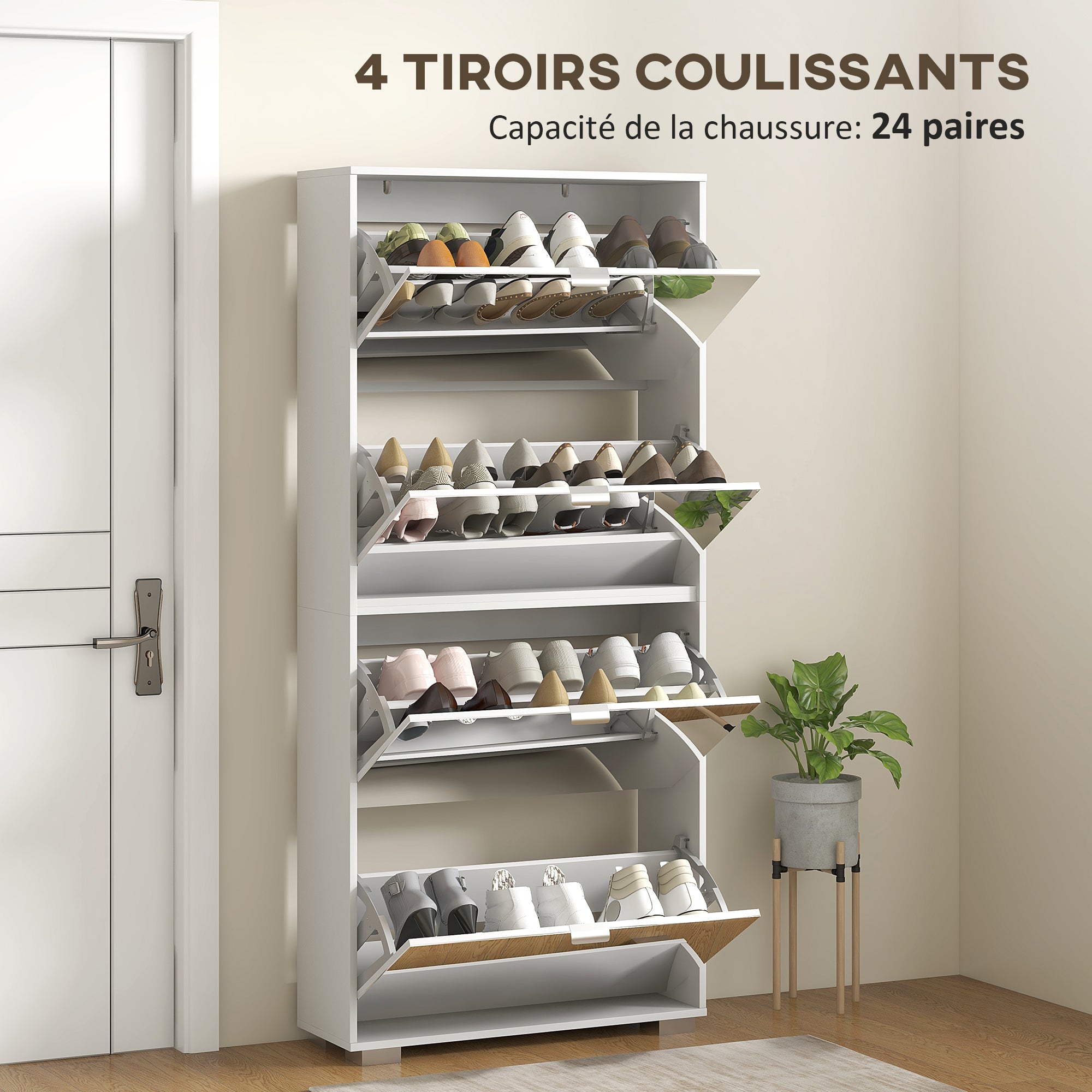 2-in-1 Shoe Cabinet with Mirror Fronts, 4 Flip-Down Doors, Adjustable Shelves, Space-Saving, 76L x 26W x 168H cm White