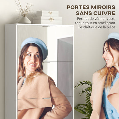 2-in-1 Shoe Cabinet with Mirror Fronts, 4 Flip-Down Doors, Adjustable Shelves, Space-Saving, 76L x 26W x 168H cm White