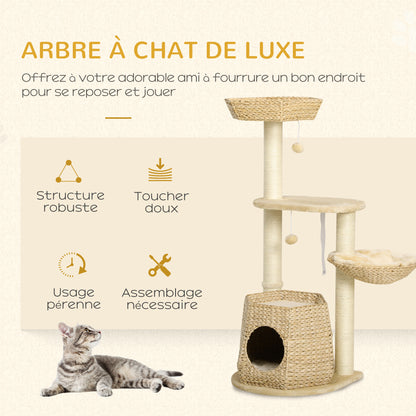 Cat Tree Climbing Scratcher for Cat 119 cm Height Reinforced Columns with Hiding Spot Hammock 2 Hanging Balls