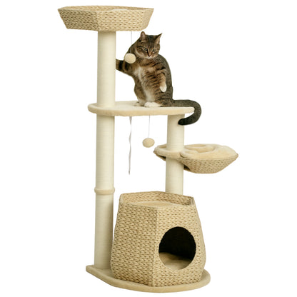 Cat Tree Climbing Scratcher for Cat 119 cm Height Reinforced Columns with Hiding Spot Hammock 2 Hanging Balls