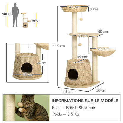 Cat Tree Climbing Scratcher for Cat 119 cm Height Reinforced Columns with Hiding Spot Hammock 2 Hanging Balls