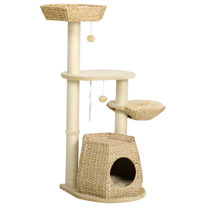 Cat Tree Climbing Scratcher for Cat 119 cm Height Reinforced Columns with Hiding Spot Hammock 2 Hanging Balls