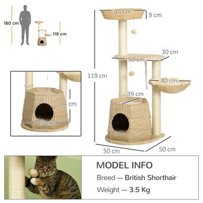 Cat Tree Climbing Scratcher for Cat 119 cm Height Reinforced Columns with Hiding Spot Hammock 2 Hanging Balls